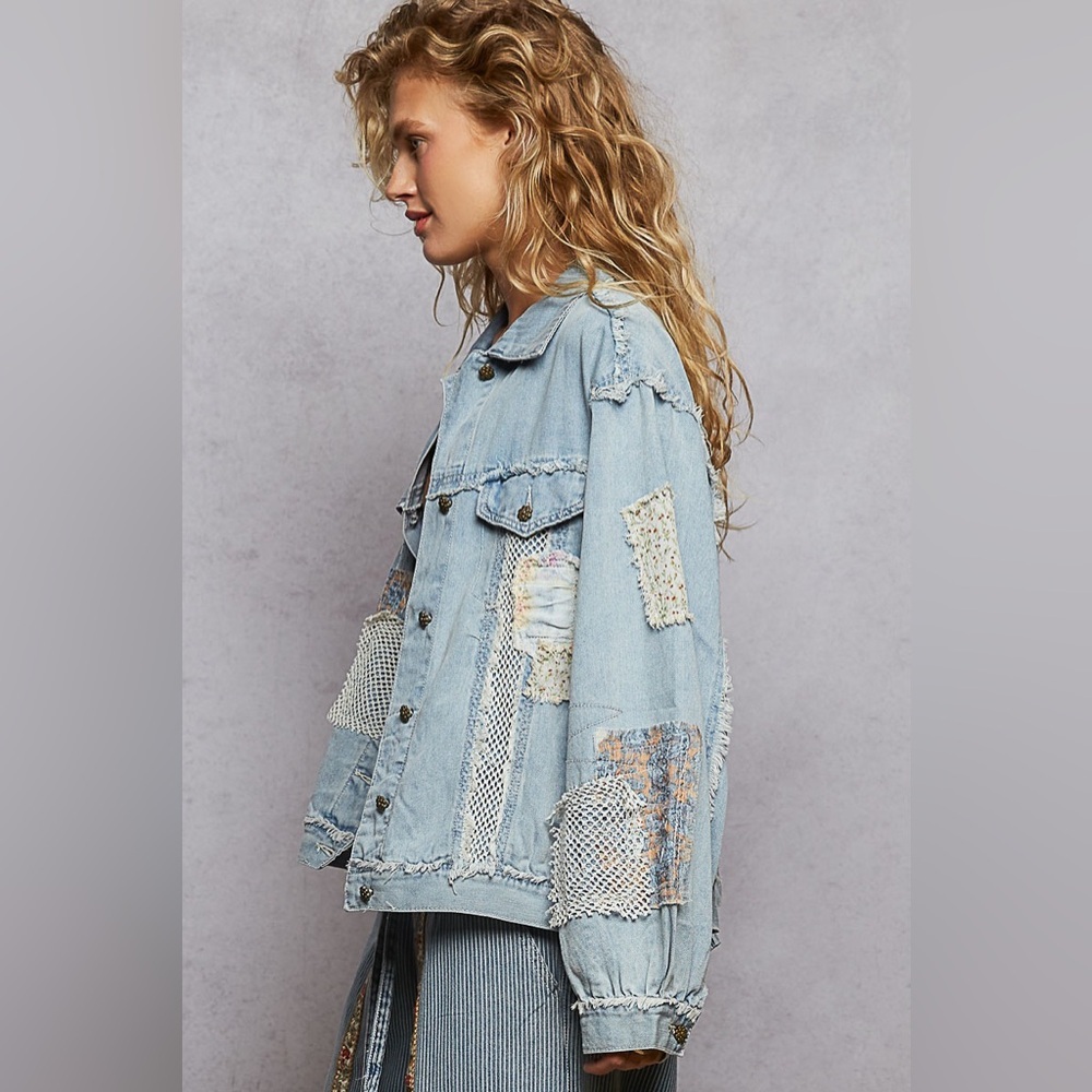 POL “ Driftwood Patch “ Twill Patchwork Jacket | Denim Blue - Picture 2 of 4